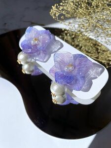 193【オーダー】紫陽花×コットンパール ピアス/イヤリング レジンアクセサリー