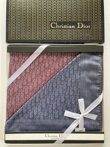 希少◆新品◆クリスチャンディオールChristian Dior トロッター柄織り　ハンカチ　2点セット　ミニスカーフ　膝掛け　レッド　ブルーグレイ