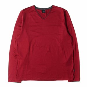 美品 HUGO BOSS ヒューゴボス Tシャツ サイズ:XL マーセライズドコットン スリムフィット Vネック ロングスリーブTシャツ ディープレッド