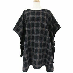 FLORENT Florent poncho knitted black gray Brown 1 wool Blend check pattern round neck side ribbon outer 