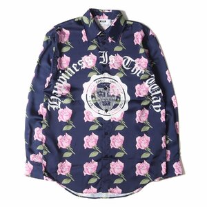 美品 MSGM エムエスジーエム シャツ サイズ:38 23AW フローラル エンブレム デザイン 長袖シャツ イージー ネイビー カジュアルシャツ