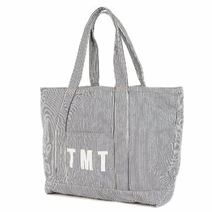  beautiful goods TMT tea Emuti 22SS Logo print Hickory stripe tote bag indigo white brand bag 