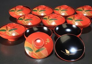 【夢讃岐】茶道煎茶/木製漆器　見返し蒔絵・平椀/吸物椀　10客揃（蓋10枚）Φ130 wa276