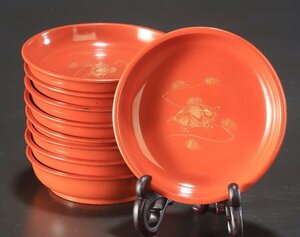 【夢讃岐】時代逸品／ 木製漆器　亀沈金・小皿/手塩皿　9枚揃　Φ120 H30 ux271