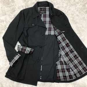 バーバリーブラックレーベル【圧倒的高級感】BURBERRY BLACK LABEL シングル トレンチコート 黒 ノバチェック裏地 コットン ミドル丈 M