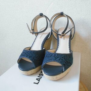  box equipped Laisse Passe LAISSE PASSE Wedge sole sandals 38 navy blue lady's 