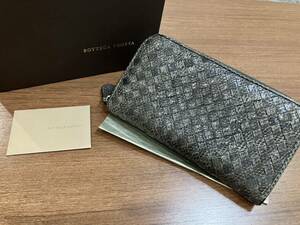 M1D02 美品 BOTTEGAVENETA ボッテガヴェネタ ラウンドファスナーウォレット 長財布 レザー 付属品あり ブランド ブラック イントレチャート