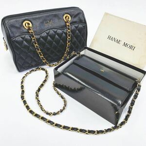  beautiful goods HANAE MORI is na emo li handbag * shoulder bag together 2 point leather chain bag black Gold metal fittings matelasse manner 05-0307*