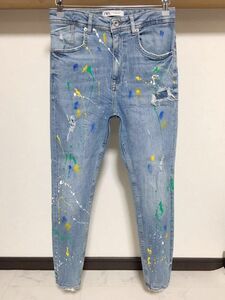 柔らかめ 春夏カラー ペイント ZARA MAN ストレッチ スキニー 38 30 デニム パンツ メンズ ジーンズ ブルー