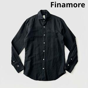 Finamore フィナモレ ワイドカラー 製品洗い コットン リネン シャツ 37 ブラック 黒 メンズ 綿 麻 春夏 長袖 イタリア製 国内正規