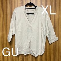 GU プルオーバー ベージュ 麻 XL ゆったり 大きいサイズ シャツ 七分袖 カットソー トップス 春 美品_画像1