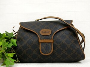 BALLY バリー◆PVC カーフ レザー 本革◆ショルダー バッグ◆ブラック ブラウン ゴールド金具◆美品◆ロゴ総柄◆斜め掛け◆フラップ◆N7743