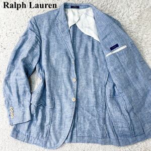 希少サイズ LL XL 相当 美品 ポロラルフローレン POLO RALPH LAUREN テーラードジャケット リネン100% 麻 春夏 ライトブルー 水色 青