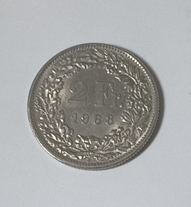 スイス２フラン硬貨　１９６8年　美品　