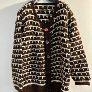 Pure Wool 100% Hand Made Sweater Brown White カーディガン ハンドニット