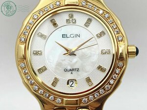 2403670486　♭ ELGIN エルジン FK-657-A 腕時計 3針 デイト QUARTZ QZ クオーツ ゴールド ラウンド 白文字盤 シェル 石付き 中古