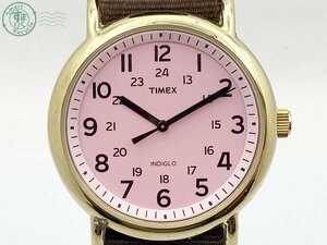 2403532269　♭ TIMEX タイメックス 腕時計 INDIGLO QZ クオーツ ラウンド 3針 ピンク文字盤 ゴールド 布ベルト ヴィンテージ 中古