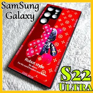 Samsung　Galaxy s22Ultraケース TPU強化カラス 赤色 可愛い熊 お洒落 BEAR カメラ保護 サムスン ギャラクシーs22ウルトラ用カバー