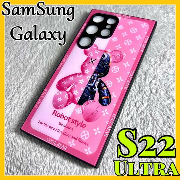 SamSung　Galaxy s22Ultraケース TPU強化カラス ピンク 可愛い熊 お洒落 BEAR カメラ保護 サムスン ギャラクシーs22ウルトラ用カバー