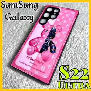 SamSung　Galaxy s22Ultraケース TPU強化カラス ピンク 可愛い熊 お洒落 BEAR カメラ保護 サムスン ギャラクシーs22ウルトラ用カバー