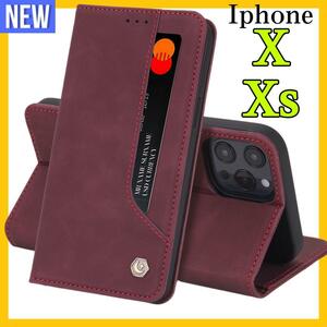 iPhoneX iphoneXsケース 手帳型 シンプル ビジネス 赤色 上質でPUレザー アイホンX アイホンXs カバー カード収納 タンド機能 薄型 軽量