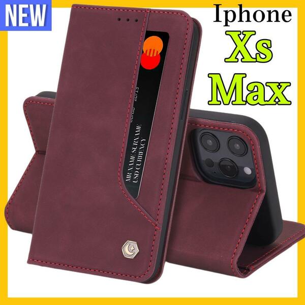 iPhone XsMaxケース 手帳型　シンプル ビジネス　赤色　上質でPUレザー　アイホンXsMaxカバー　カード収納 タンド機能 薄型 軽量 アップル