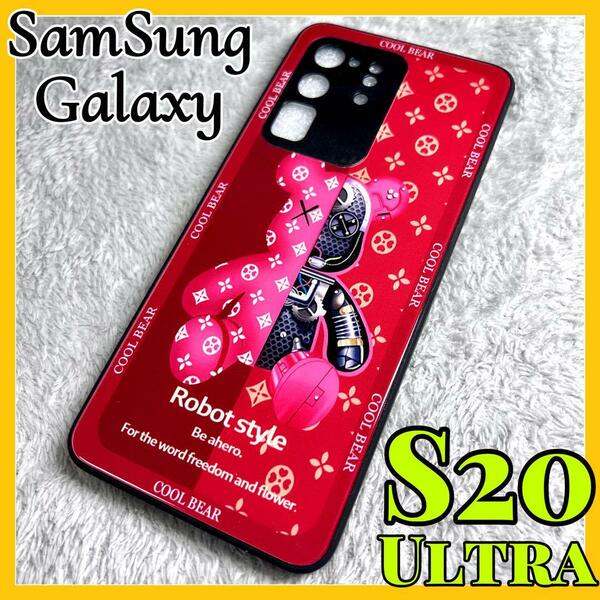 Galaxy s20 Ultraケース TPU強化カラス 赤色 可愛い熊 お洒落 BEAR カメラ保護 サムスン ギャラクシーs20ウルトラカバー　レッド