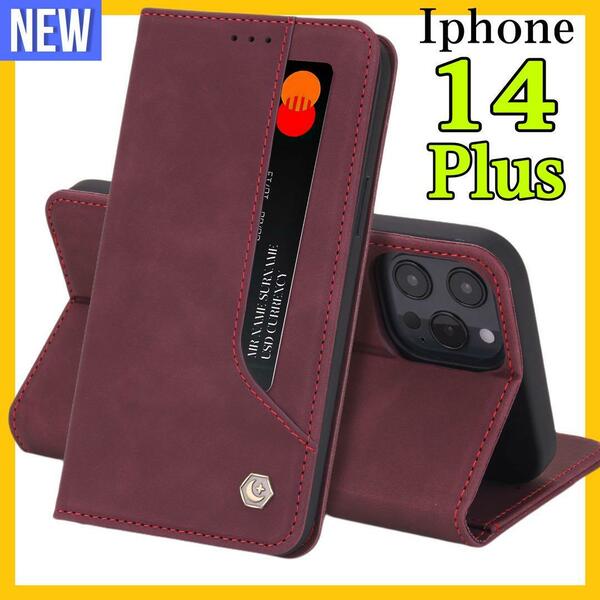 手帳型ケース iPhone14Plus ケース　赤色　アイホン14プラスカバー　カード収納 タンド機能 薄型 軽量 シンプル ビジネス 上質でPUレザー