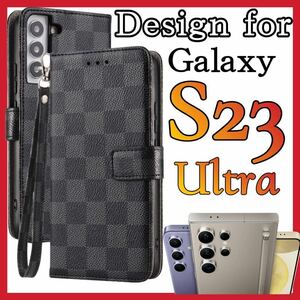 Samsung Galaxy S23ultraケース 手帳型 黒色　PUレザー チェック柄　大人気　サムスンギャラクシーS23ウルトラカバー　ブラック