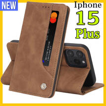 iPhone15plusケース 手帳型 シンプル 茶ブラウン　上質でPUレザー ビジネス　アイホン１５プラスカバー カード収納 タンド機能 薄型 _画像1