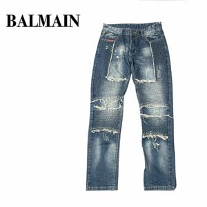 BALMAIN バルマン バイカーデニム ジーンズ 33 ダメージ ペイント加工 L