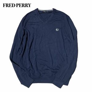 FRED PERRY Fred Perry V neck sweater navy navy blue Logo one Point embroidery M