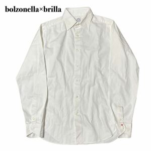 bolzonella×brillaオックスフォード タブカラー長袖 シャツホワイト 白 S ワンポイント刺繍