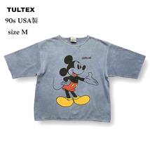 90s USA製 TULTEX ディズニー ミッキーマウス プリント スウェット 半袖 Tシャツ くすみ ブルー 青 前後 Disney Mickey ヴィンテージ M_画像1