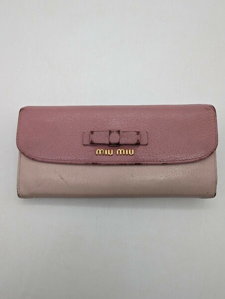 ミュウミュウ MIU MIU MADRAS BICOLORE マドラスビコローレ バイカラー リボン 長財布 ピンク PINK ゴールド ロゴ レディース