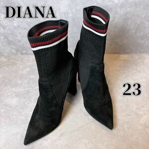 DIANA ダイアナ　ショートブーツ　23㎝　ニット　スエード　ヒール9.5㎝　美脚効果　ブーツ　スエードブーツ　 黒　ブラック