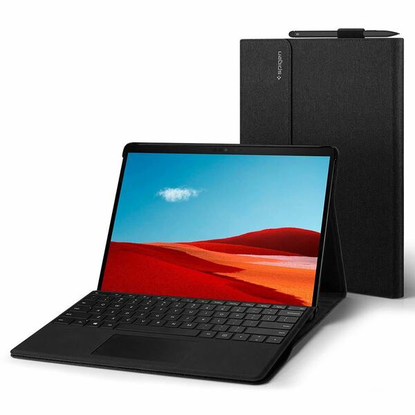 【送料無料】[Spigen] マイクロソフト Surface Pro X ケース バンド ポケット付き スタンド 機能 マグネット式 フラップ (ブラック)(A6)