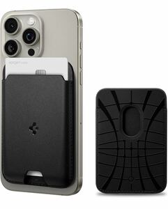 【送料無料】[Spigen] MagSafe対応 カードケース マグネット内蔵 高級レザー 磁気シールド スリム 背面 ウォレット iPhone (ブラック)(A64)