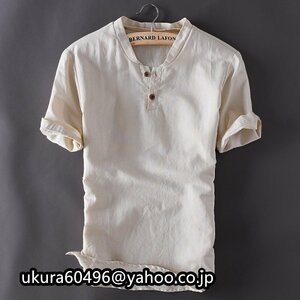 新品リネンＴシャツ 半袖Ｔシャツ メンズ ヘンリーネック カジュアルＴシャツ T-shirt 綿麻 トップス シンプル 無地 夏物 カーキ