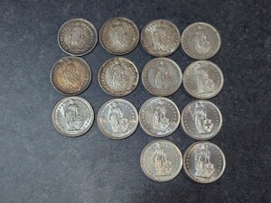 （1円スタート）スイス　1/2フラン銀貨 ハーフフラン銀貨　美品　含む　14枚セット　合計重量34.97グラム　まとめ　売り切り 銀貨