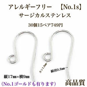 No.1s】 金属アレルギー対応　サージカルステンレス フックピアス　プラチナコーティング　本ロジウム ハンドメイド　パーツ