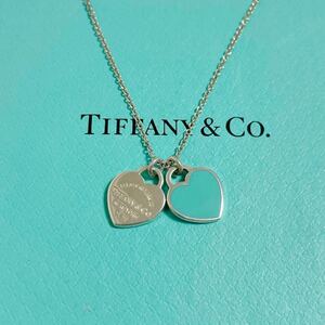 即決☆Tiffany＆Co. ティファニー リターントゥ ミニ ダブルハートタグ ネックレス ブルー シルバー925 美品 ハート