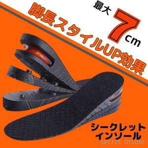 シークレットインソール 3段階調整 最大7cm エアインソール 中敷 厚底 抗菌 男女兼用 身長UP 美脚 スタイルアップ エアークッション 黒