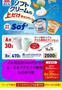 【２口】レシート懸賞応募、選べるデジタルギフト、JCB 商品券など当たる！キャンペーン２種類　ソフ　日本アクセス