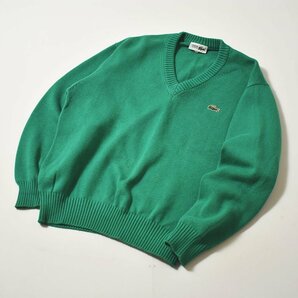 ★90s 旧タグ ヴィンテージ ラコステ LACOSTE Vネック コットン ニット セーター 4 グリーン ビンテージ 古着 ワンポイント ワニロゴ★の画像1