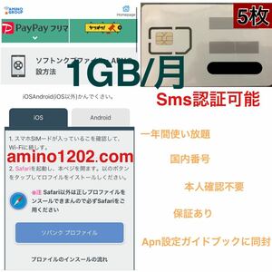 (5枚)国内番号　一年間使い放題　プリペイドSIM データ通信　1GB/月SMS受信可能 