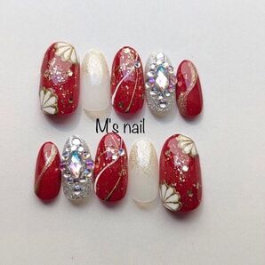 振袖レッドフラワーCオーダーチップ赤着物和柄成人式卒業式ネイルチップつけ爪