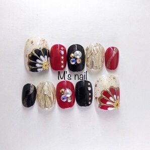 振袖レッドブラックBオーダーチップ 赤黒着物和柄成人式卒業式ネイルチップつけ爪