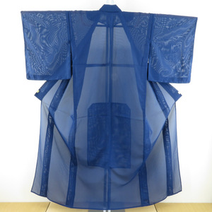 夏着物 絽 色無地 単衣 青色 バチ衿 ポリエステル 洗える着物 夏物 身丈152cm 美品