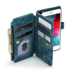 iPhone SE2 レザーケース iPhone SE3 ケース アイフォン7 ケース iPhone7/8 カバー 手帳型 カード収納 ファスナー付き 財布型 ブルーの画像7